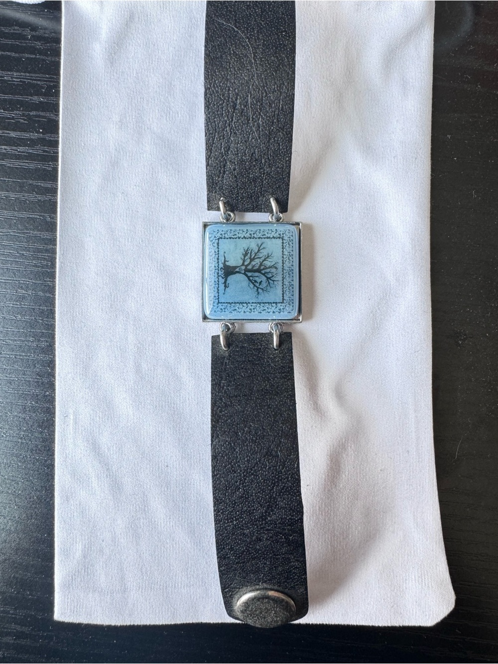 Leather Wristband Bracelet with Blue Tree Tile Accent